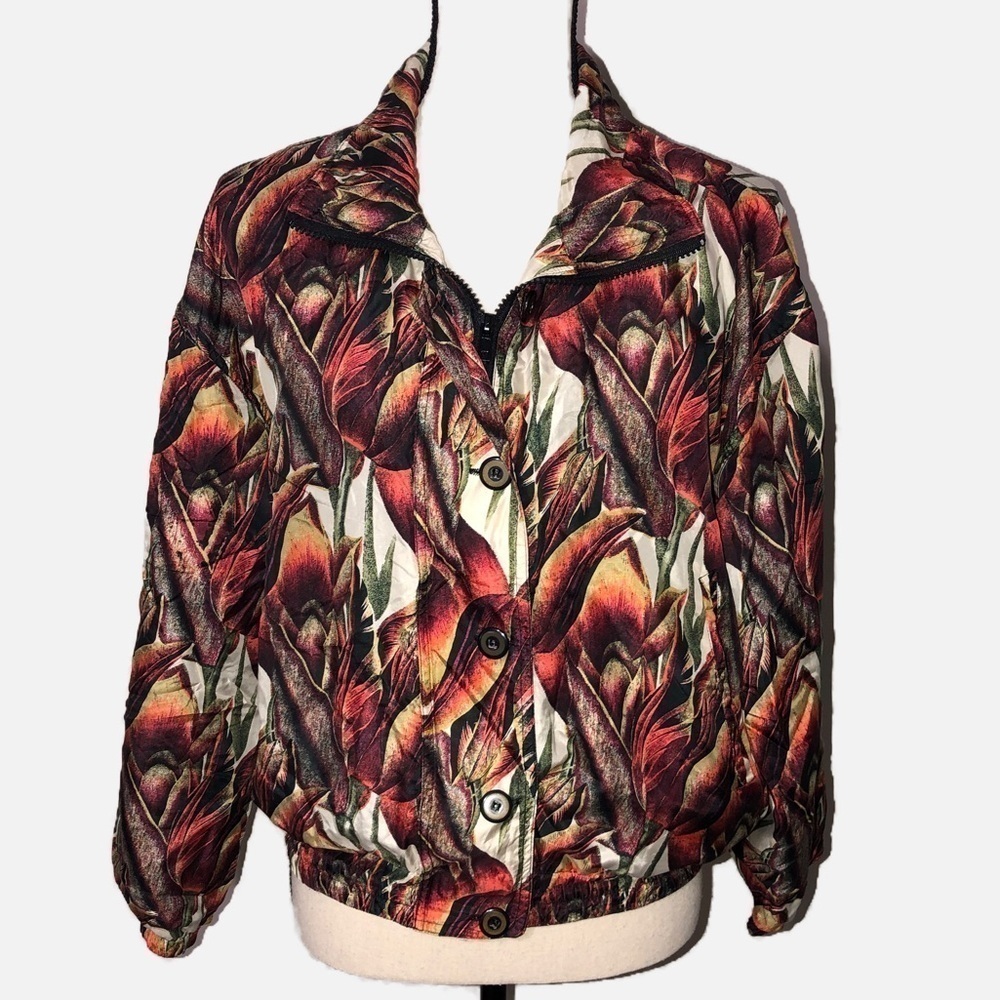 Keren Hart Vintage Silk Track Jacket Small Tulip Print Brown Rust Green Zip